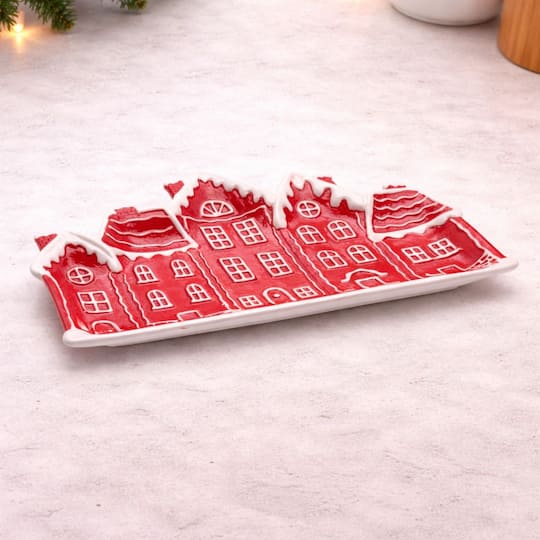 Melrose Red & White Ceramic Snowy Village Plates, 4ct.